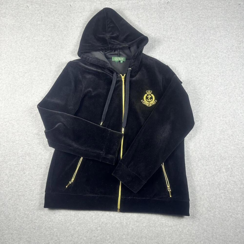 Lauren Ralph Lauren‎ Velour Hoodie Black Gold Zip Crest Logo Size Large